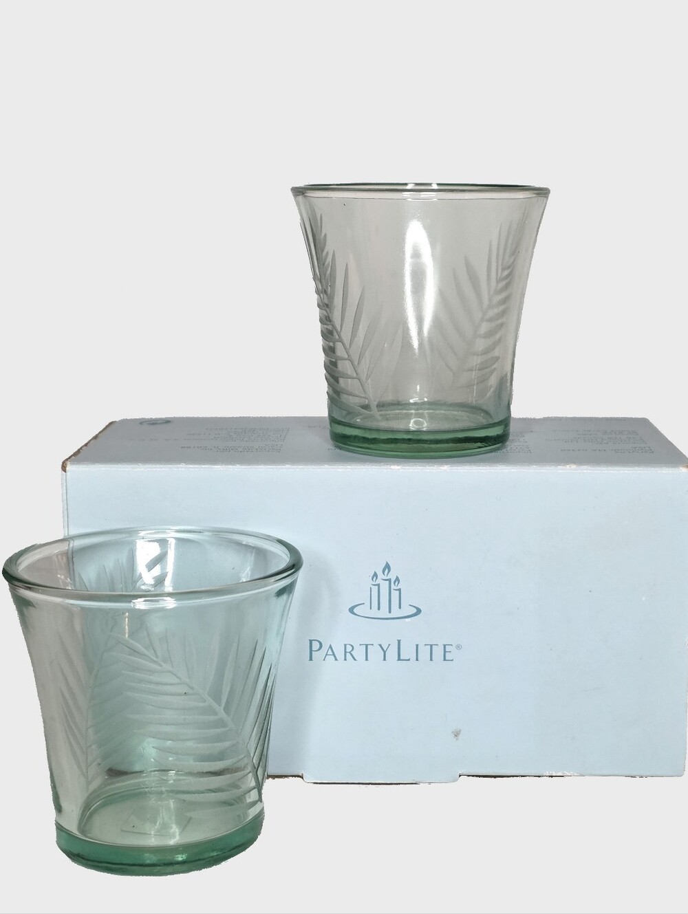 Partylite Island Escape Votive Candle Holders Set Green Glass Palm Leaf Retired